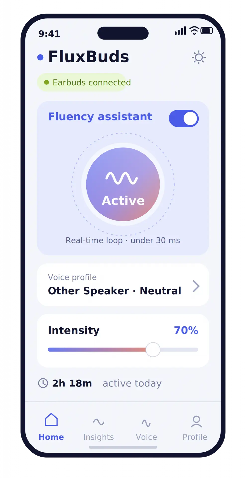 The FluxBuds app on an iPhone, showing the fluency assistant switched on with voice profile and intensity settings